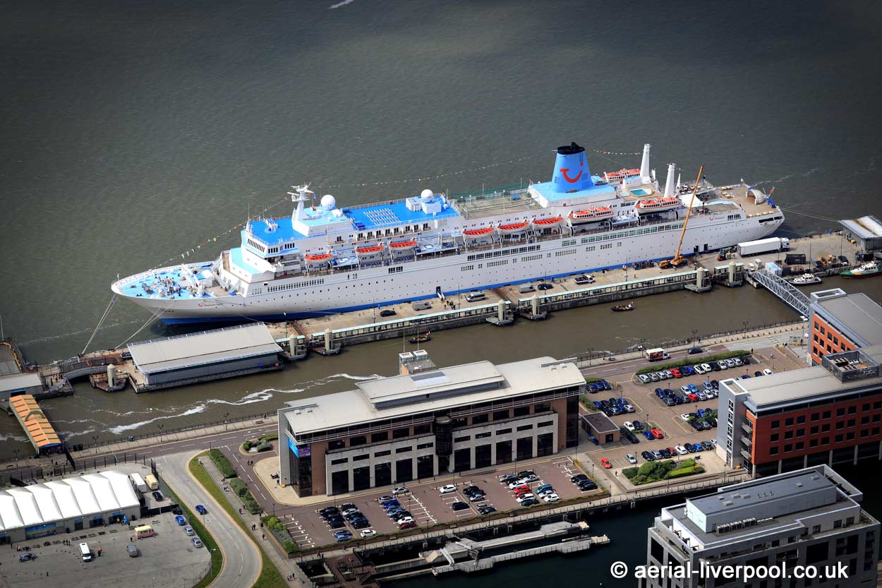 aerial photograph of the cruise ship Thompson Spirit
        docked at Liverpool Pierhead England UK